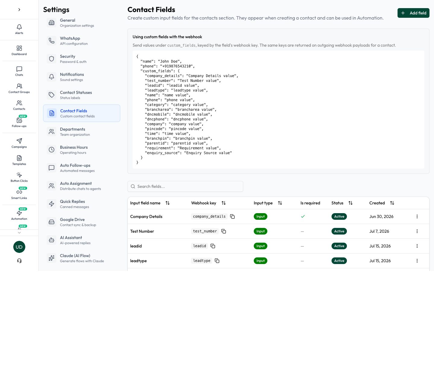 Manage custom contact fields