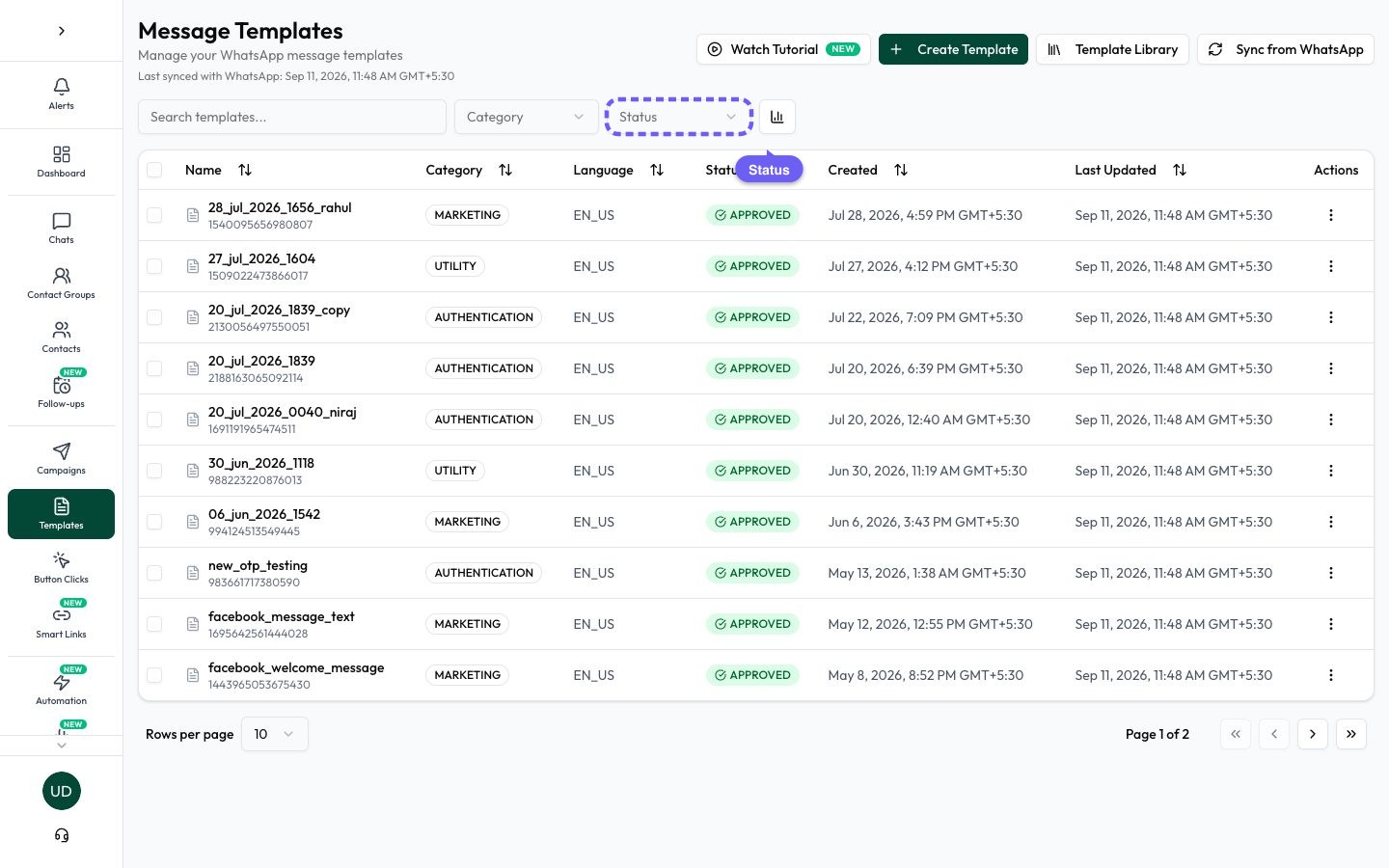 Use the Category and Status dropdowns