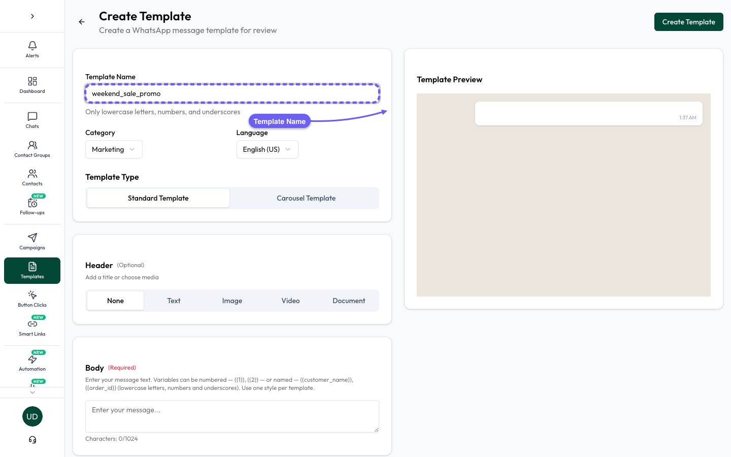 Enter a template name